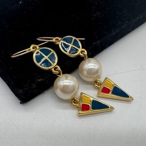 Marvella Vintage Enamel Faux Pearl Geometric Drip Earrings Gold Tone Multi Color